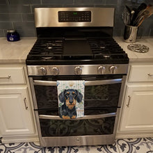 Load image into Gallery viewer, Wirehaired Black and Tan Dachshund Coastal Sea Glass Kitchen Towel