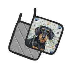 Load image into Gallery viewer, Wirehaired Black and Tan Dachshund Coastal Sea Glass Pair of Pot Holders