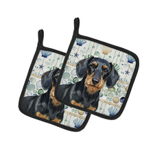 Load image into Gallery viewer, Wirehaired Black and Tan Dachshund Coastal Sea Glass Pair of Pot Holders