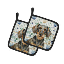Load image into Gallery viewer, Wirehaired Wild Boar Dachshund Coastal Sea Glass Pair of Pot Holders