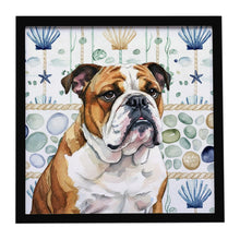 Load image into Gallery viewer, Brindle and White English Bulldog Coastal Sea Glass Framed Metal Print