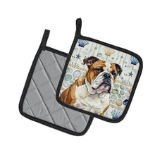 Load image into Gallery viewer, Brindle and White English Bulldog Coastal Sea Glass Pair of Pot Holders