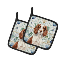 Load image into Gallery viewer, Liver and White English Springer Spaniel Coastal Sea Glass Pair of Pot Holders