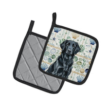 Load image into Gallery viewer, Black Flat-Coated Retriever Coastal Sea Glass Pair of Pot Holders