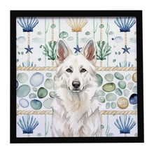 Load image into Gallery viewer, White German Shepherd Coastal Sea Glass Framed Metal Print