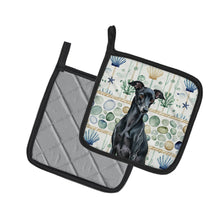 Load image into Gallery viewer, Black Italian Greyhound Coastal Sea Glass Pair of Pot Holders