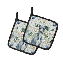 Load image into Gallery viewer, Blue Italian Greyhound Coastal Sea Glass Pair of Pot Holders