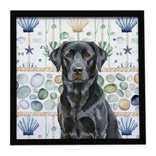 Load image into Gallery viewer, Black Labrador Retriever Coastal Sea Glass Framed Metal Print