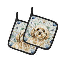 Load image into Gallery viewer, Cream Lhasa Apso Coastal Sea Glass Pair of Pot Holders
