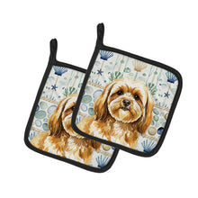 Load image into Gallery viewer, Gold Lhasa Apso Coastal Sea Glass Pair of Pot Holders