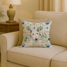 Load image into Gallery viewer, White Miniature Bull Terrier Coastal Sea Glass Throw Pillow