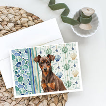 Load image into Gallery viewer, Chocolate and Rust Miniature Pinscher Min Pin Coastal Sea Glass Greeting Cards Pack of 8