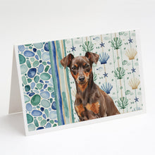 Load image into Gallery viewer, Chocolate and Rust Miniature Pinscher Min Pin Coastal Sea Glass Greeting Cards Pack of 8