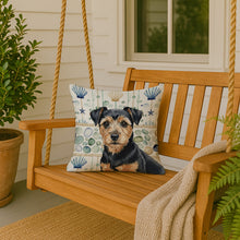 Load image into Gallery viewer, Black and Tan Norfolk Terrier Coastal Sea Glass Throw Pillow