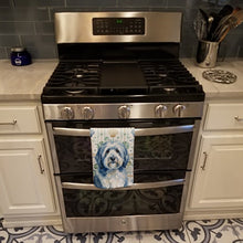 Load image into Gallery viewer, Blue and White Old English Sheepdog Coastal Sea Glass Kitchen Towel