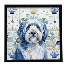 Load image into Gallery viewer, Blue and White Old English Sheepdog Coastal Sea Glass Framed Metal Print