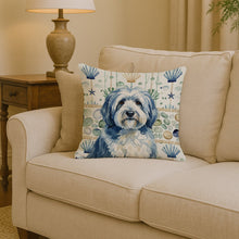 Load image into Gallery viewer, Blue and White Old English Sheepdog Coastal Sea Glass Throw Pillow