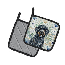 Load image into Gallery viewer, Black Portuguese Water Dog Coastal Sea Glass Pair of Pot Holders