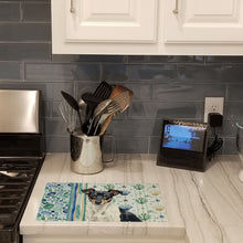 Load image into Gallery viewer, Black and White Rat Terrier Coastal Sea Glass Glass Cutting Board