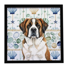 Load image into Gallery viewer, Brindle and White Saint Bernard Coastal Sea Glass Framed Metal Print