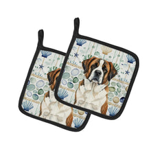 Load image into Gallery viewer, Brindle and White Saint Bernard Coastal Sea Glass Pair of Pot Holders