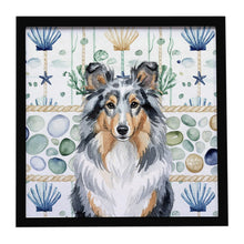 Load image into Gallery viewer, Blue Merle Sheltie Coastal Sea Glass Framed Metal Print