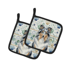 Load image into Gallery viewer, Blue Merle Sheltie Coastal Sea Glass Pair of Pot Holders