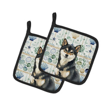 Load image into Gallery viewer, Black and Tan Shiba Inu Coastal Sea Glass Pair of Pot Holders