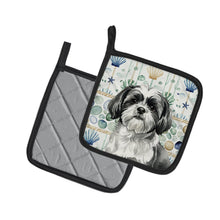 Load image into Gallery viewer, Black and White Shih Tzu Coastal Sea Glass Pair of Pot Holders