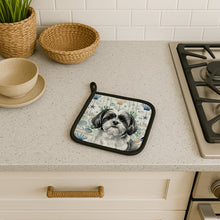 Load image into Gallery viewer, Black and White Shih Tzu Coastal Sea Glass Pair of Pot Holders