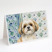 Load image into Gallery viewer, Gold and White Shih Tzu Coastal Sea Glass Greeting Cards Pack of 8