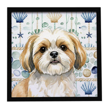 Load image into Gallery viewer, Gold and White Shih Tzu Coastal Sea Glass Framed Metal Print