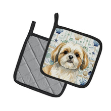 Load image into Gallery viewer, Gold and White Shih Tzu Coastal Sea Glass Pair of Pot Holders