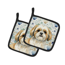 Load image into Gallery viewer, Gold and White Shih Tzu Coastal Sea Glass Pair of Pot Holders