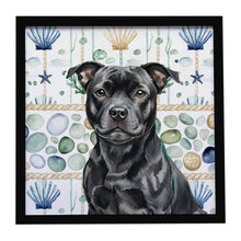 Load image into Gallery viewer, Black Staffordshire Bull Terrier Coastal Sea Glass Framed Metal Print