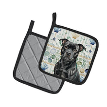 Load image into Gallery viewer, Black Staffordshire Bull Terrier Coastal Sea Glass Pair of Pot Holders