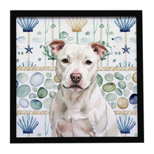Load image into Gallery viewer, White Staffordshire Bull Terrier Coastal Sea Glass Framed Metal Print