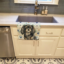 Load image into Gallery viewer, Black and Tan Tibetan Spaniel Coastal Sea Glass Kitchen Towel