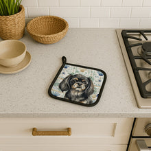 Load image into Gallery viewer, Black and Tan Tibetan Spaniel Coastal Sea Glass Pair of Pot Holders