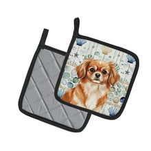 Load image into Gallery viewer, Red Tibetan Spaniel Coastal Sea Glass Pair of Pot Holders
