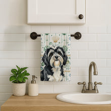 Load image into Gallery viewer, Black and White Tibetan Terrier Coastal Sea Glass Kitchen Towel