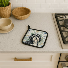Load image into Gallery viewer, Black and White Tibetan Terrier Coastal Sea Glass Pair of Pot Holders