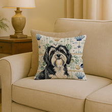Load image into Gallery viewer, Black and White Tibetan Terrier Coastal Sea Glass Throw Pillow