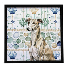 Load image into Gallery viewer, Brindle Whippet Coastal Sea Glass Framed Metal Print