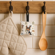 Load image into Gallery viewer, Tricolor and White Basenji Coffee Bar Hanging Square Fabric Ornament 3.5 × 3.5