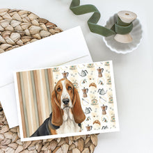 Load image into Gallery viewer, Tricolor and White Basset Hound Coffee Bar Greeting Cards Pack of 8