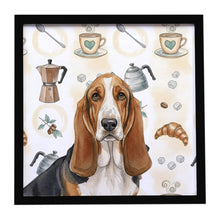 Load image into Gallery viewer, Tricolor and White Basset Hound Coffee Bar Framed Metal Print