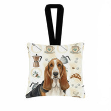 Load image into Gallery viewer, Tricolor and White Basset Hound Coffee Bar Hanging Square Fabric Ornament 3.5 × 3.5