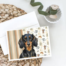 Load image into Gallery viewer, Longhaired Black and Tan Dachshund Coffee Bar Greeting Cards Pack of 8