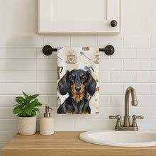 Load image into Gallery viewer, Longhaired Black and Tan Dachshund Coffee Bar Kitchen Towel